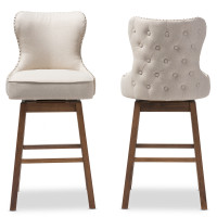 Baxton Studio BBT5246B-BS-Light Beige-6086-1 Gradisca Brown Wood Finishing and Light Beige Fabric Button-Tufted Upholstered Swivel Barstool Set of 2